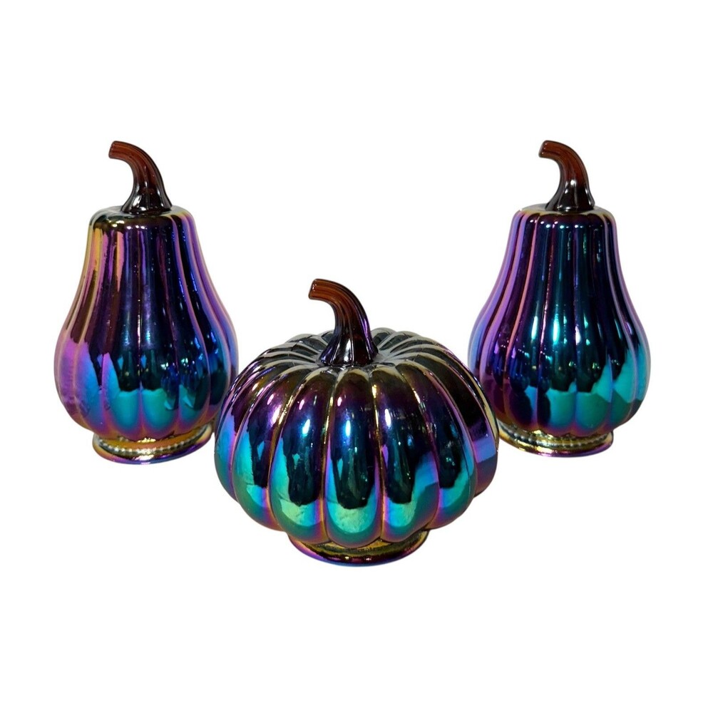 Set of 3 Dark Iridescent Glass Pumpkins Target Halloween - NEW